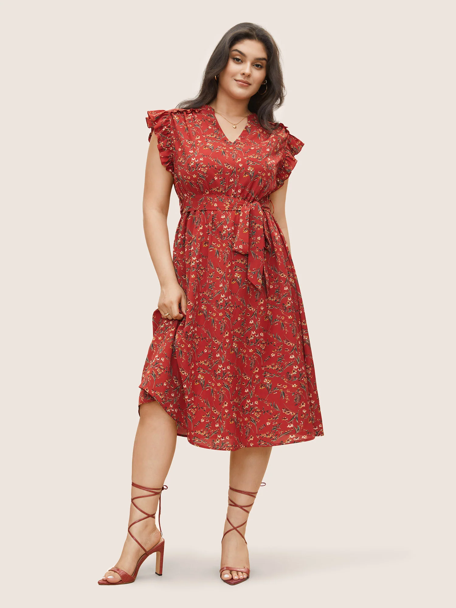 Floral Print Frill Notched Flutter Sleeve Dress - Image 3