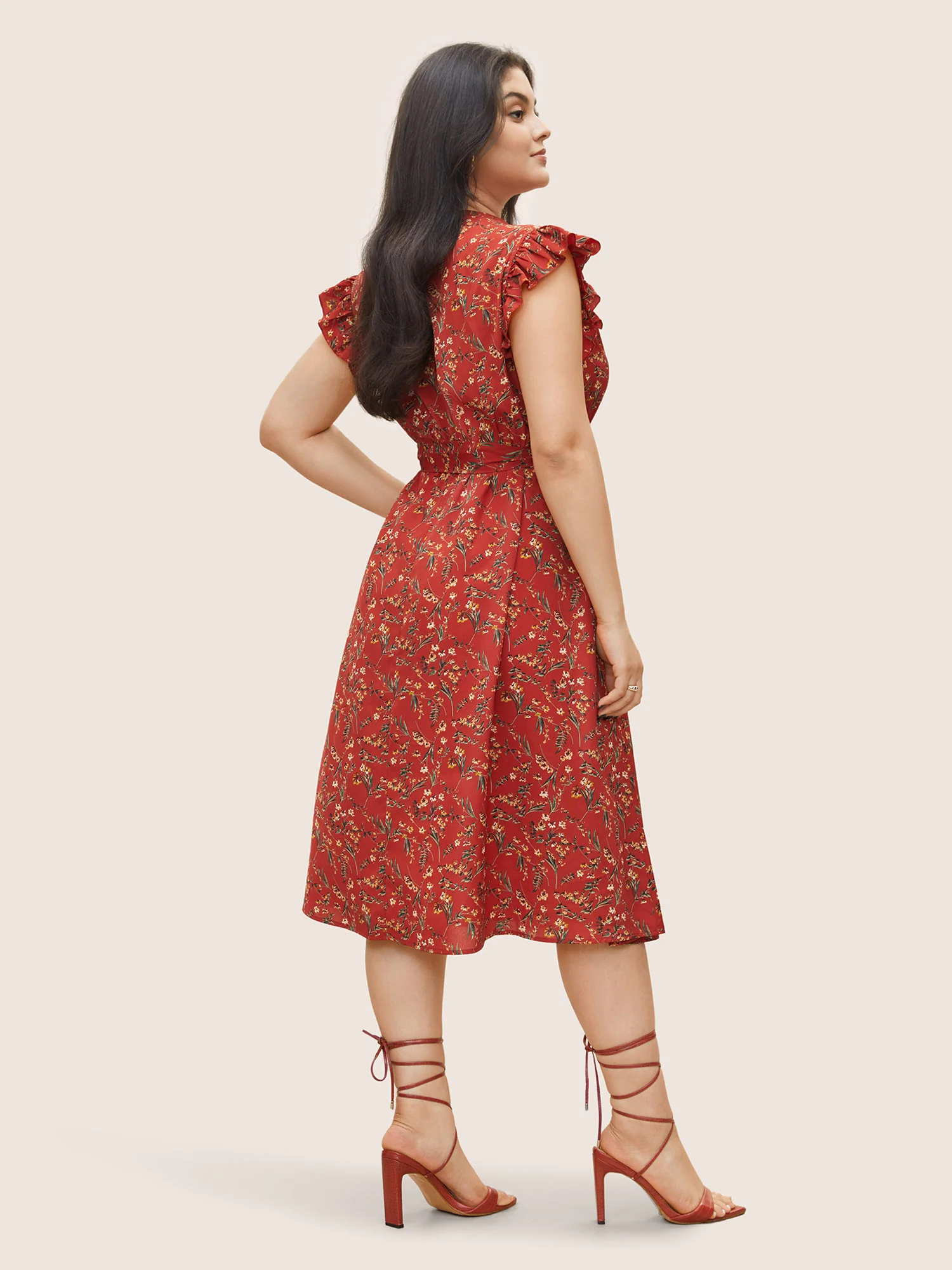 Floral Print Frill Notched Flutter Sleeve Dress - Image 4