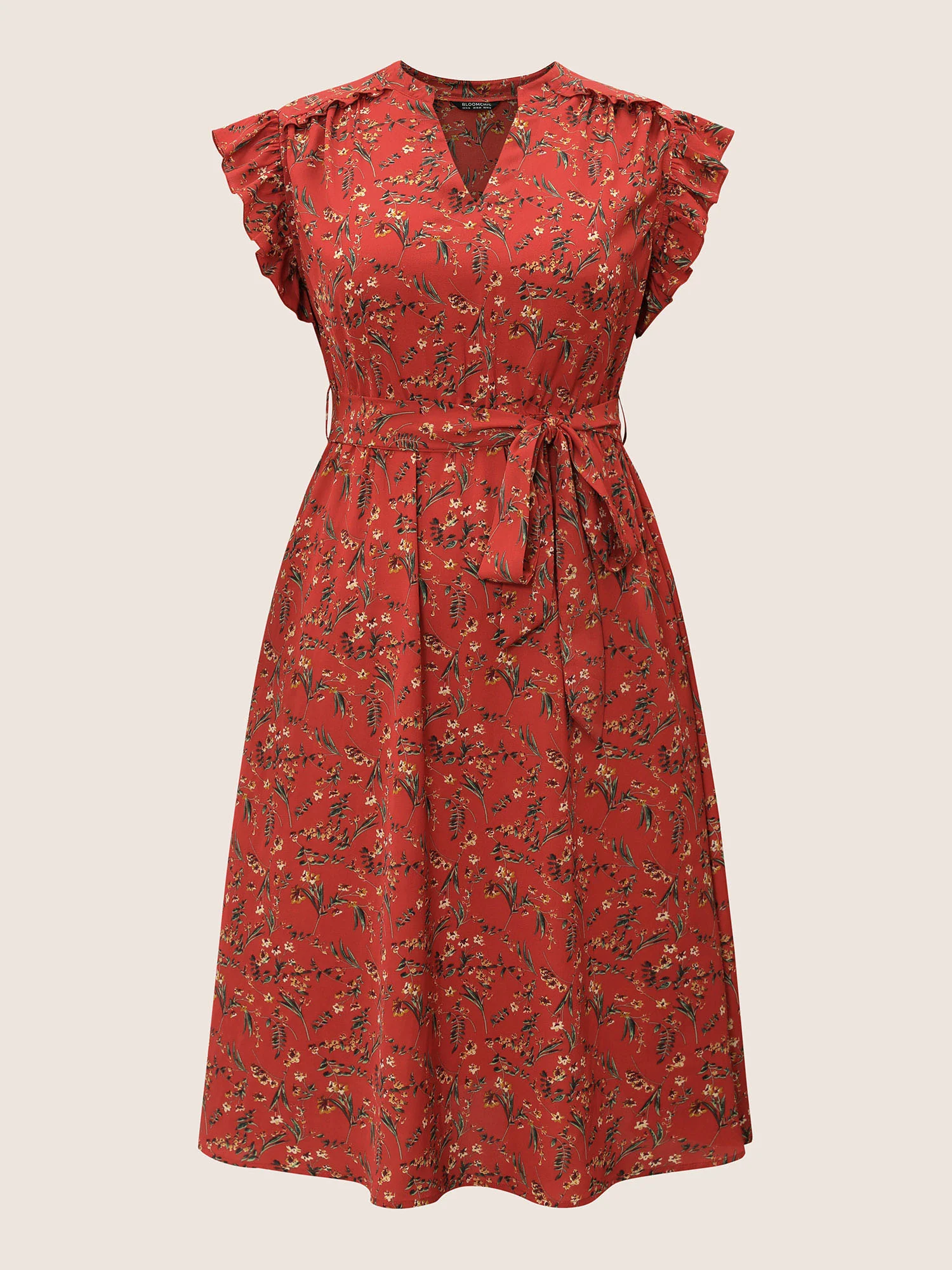 Floral Print Frill Notched Flutter Sleeve Dress - Image 7