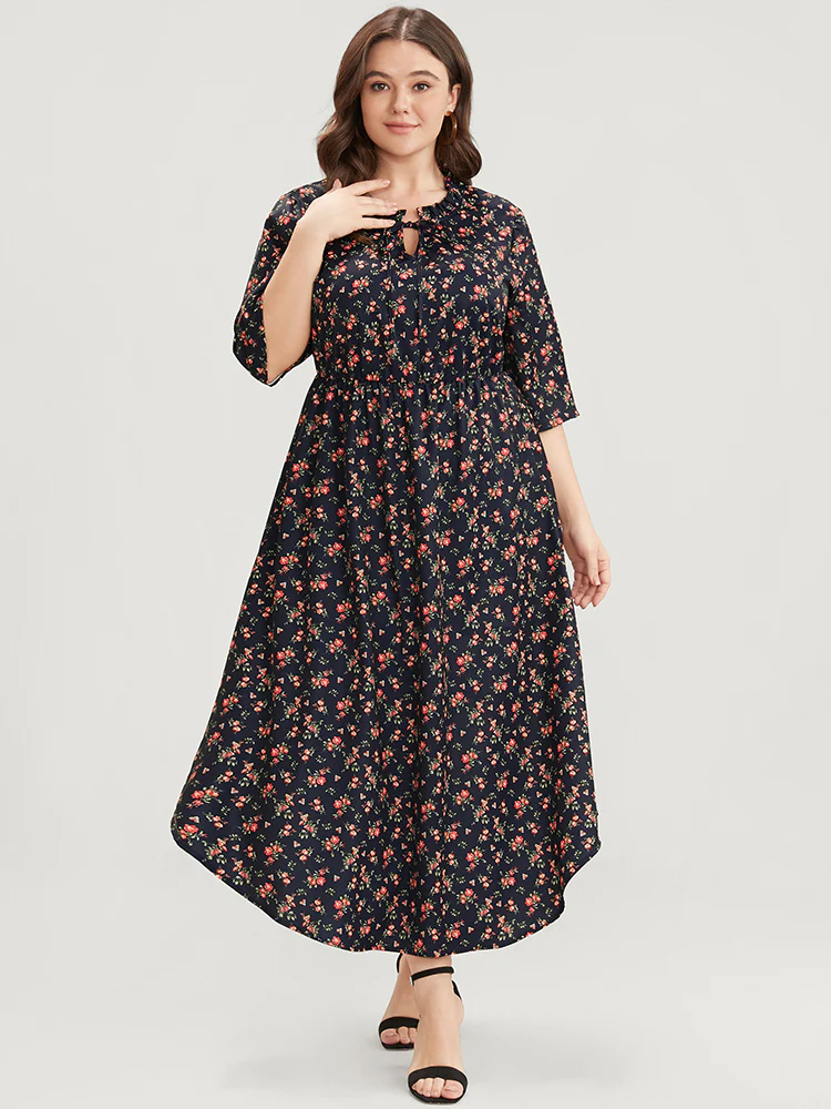 Ditsy Floral Frill Trim Tie Neck Pocket Arc Hem Dress - Image 2