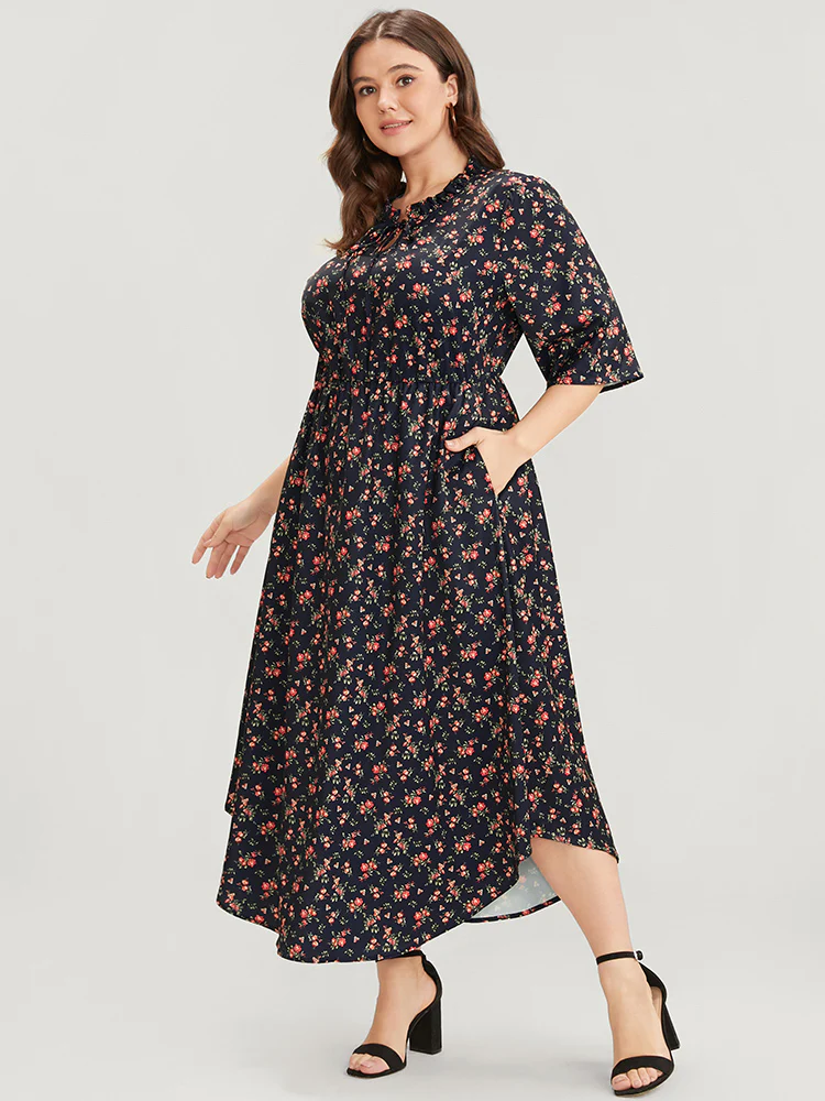 Ditsy Floral Frill Trim Tie Neck Pocket Arc Hem Dress - Image 3