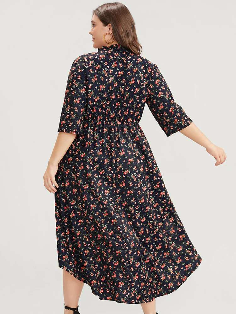 Ditsy Floral Frill Trim Tie Neck Pocket Arc Hem Dress - Image 4