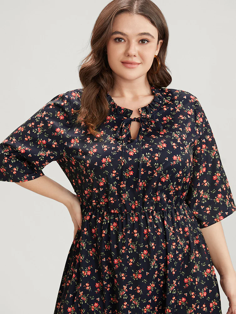 Ditsy Floral Frill Trim Tie Neck Pocket Arc Hem Dress - Image 5