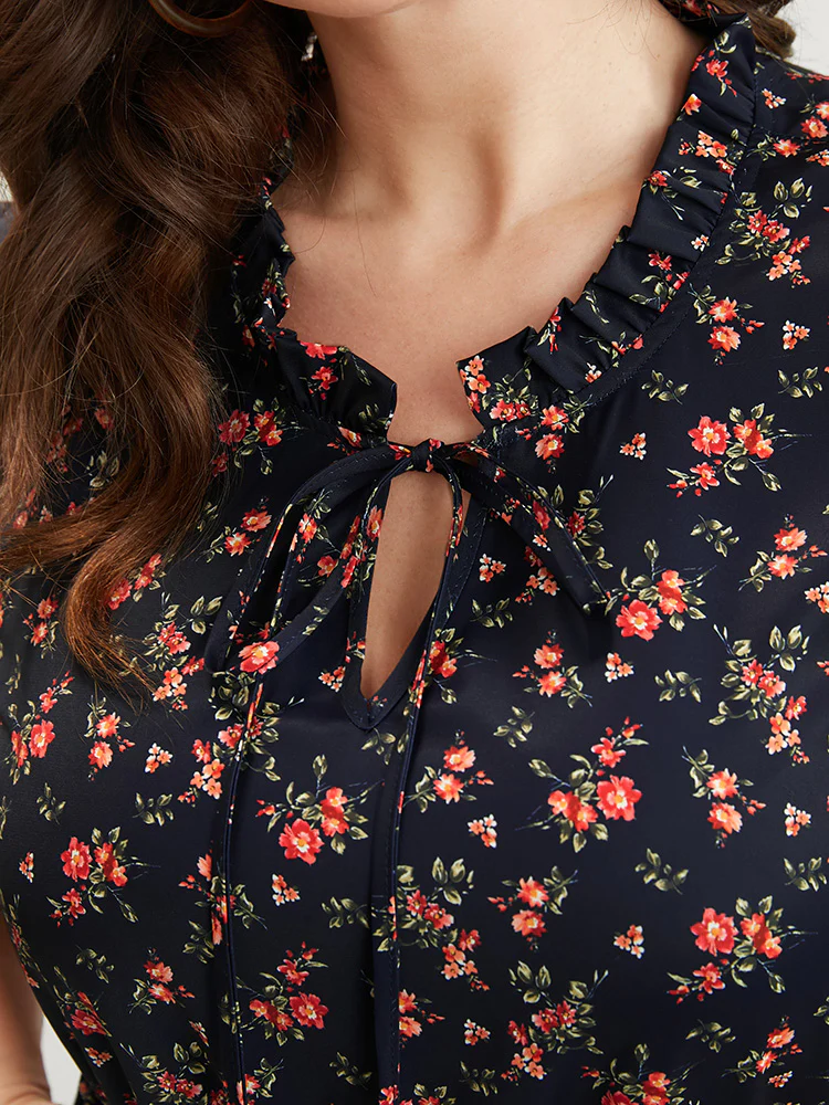 Ditsy Floral Frill Trim Tie Neck Pocket Arc Hem Dress - Image 6