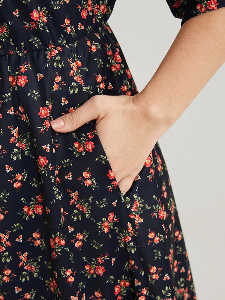 Ditsy Floral Frill Trim Tie Neck Pocket Arc Hem Dress - Image 7