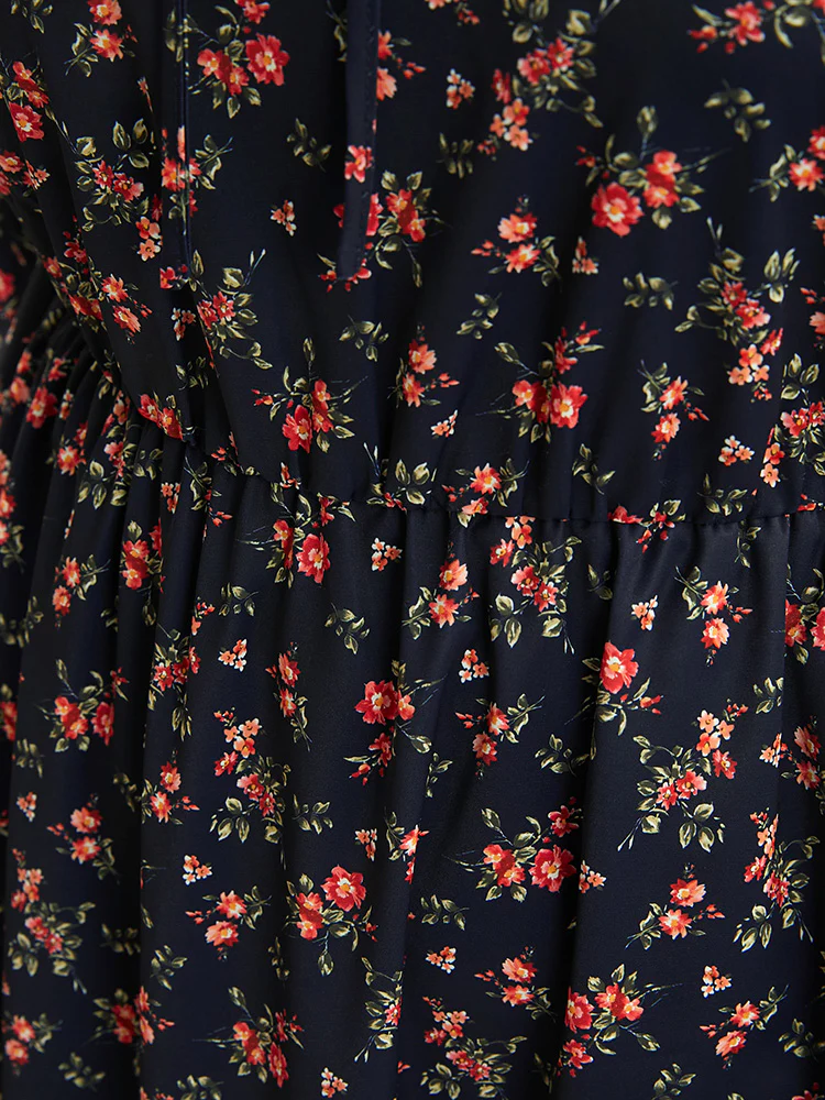 Ditsy Floral Frill Trim Tie Neck Pocket Arc Hem Dress - Image 8