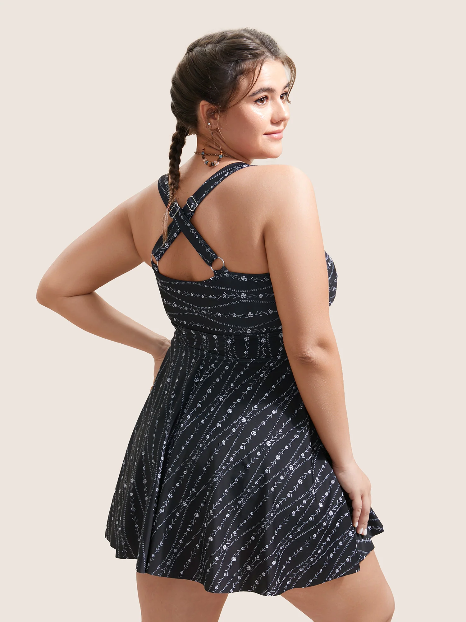 Ditsy Floral & Geo Graphic Crossover Swim Dress - Image 2