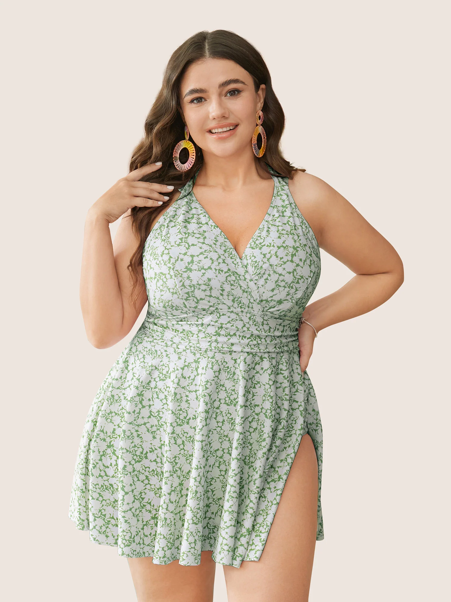 Ditsy Floral Halter Neck Split Hem Swim Dress - Image 4