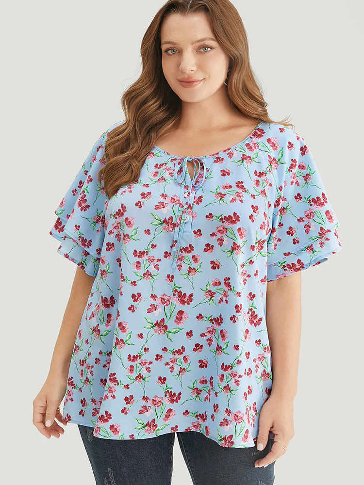 Ditsy Floral Keyhole Knot Neck Tiered Sleeve Blouse - Image 2