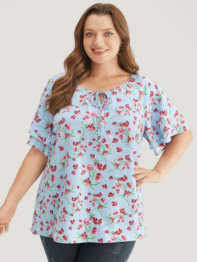 Ditsy Floral Keyhole Knot Neck Tiered Sleeve Blouse - Image 3