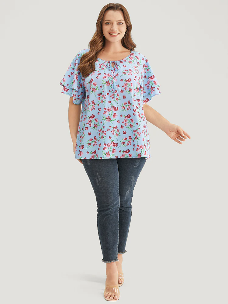 Ditsy Floral Keyhole Knot Neck Tiered Sleeve Blouse - Image 4
