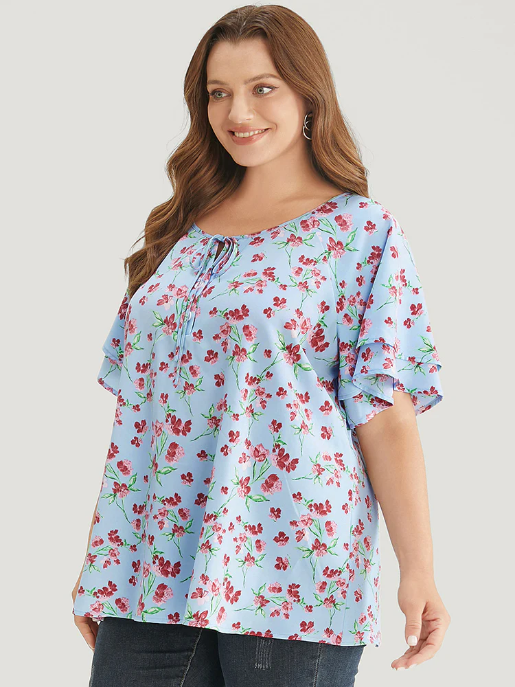 Ditsy Floral Keyhole Knot Neck Tiered Sleeve Blouse - Image 5