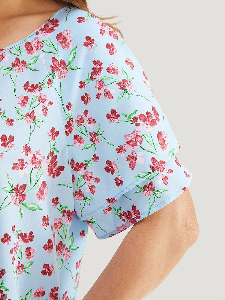 Ditsy Floral Keyhole Knot Neck Tiered Sleeve Blouse - Image 6
