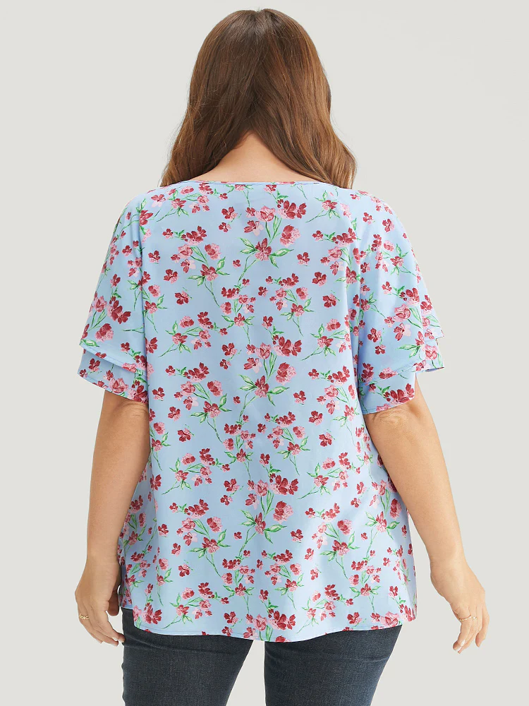 Ditsy Floral Keyhole Knot Neck Tiered Sleeve Blouse - Image 7