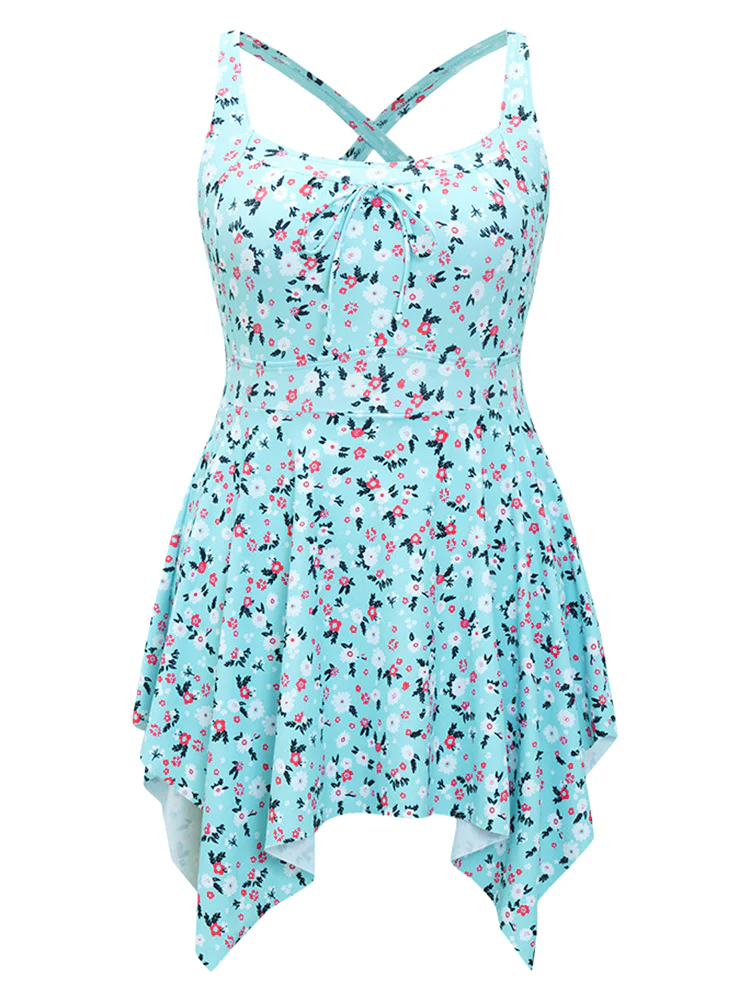 Ditsy Floral Knot Front Crossover Hanky Hem Swim Dress - Image 10