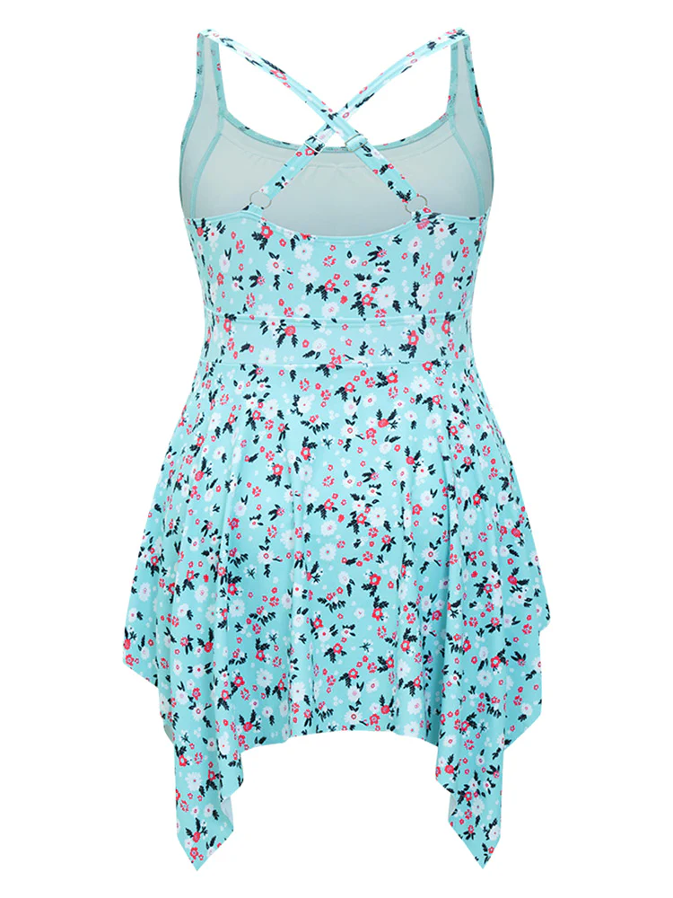 Ditsy Floral Knot Front Crossover Hanky Hem Swim Dress - Image 11