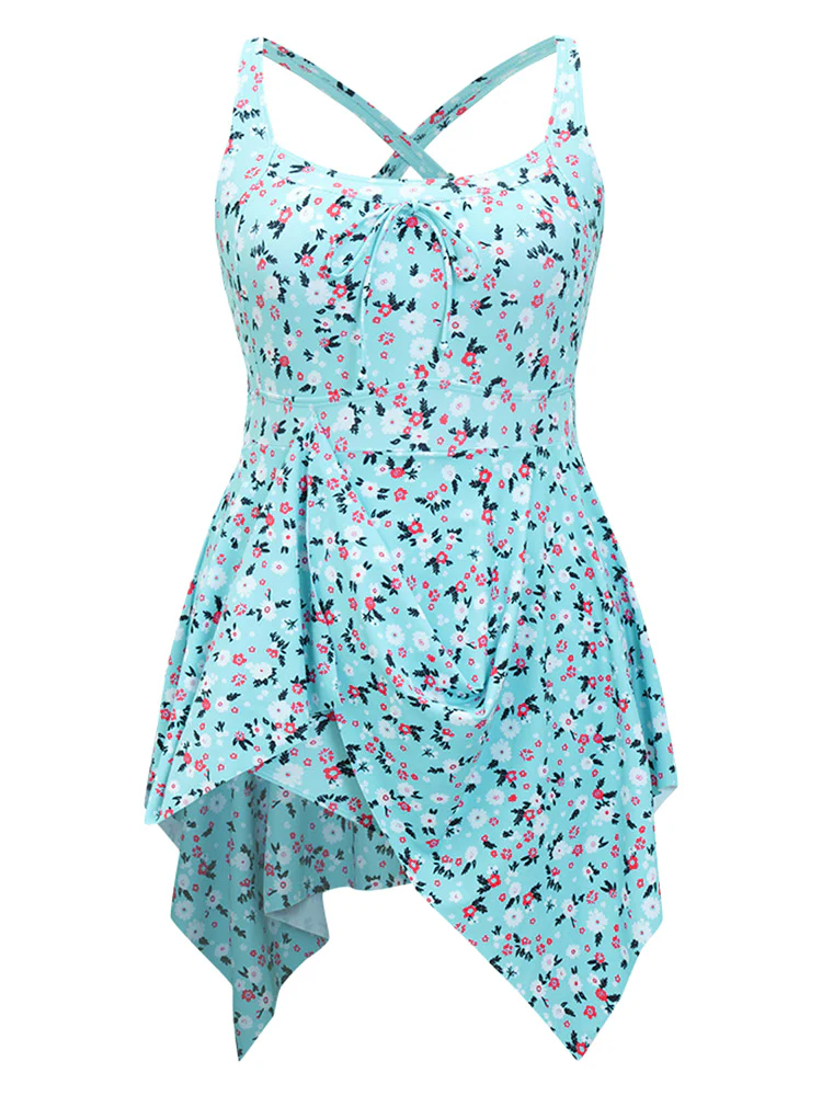 Ditsy Floral Knot Front Crossover Hanky Hem Swim Dress - Image 12