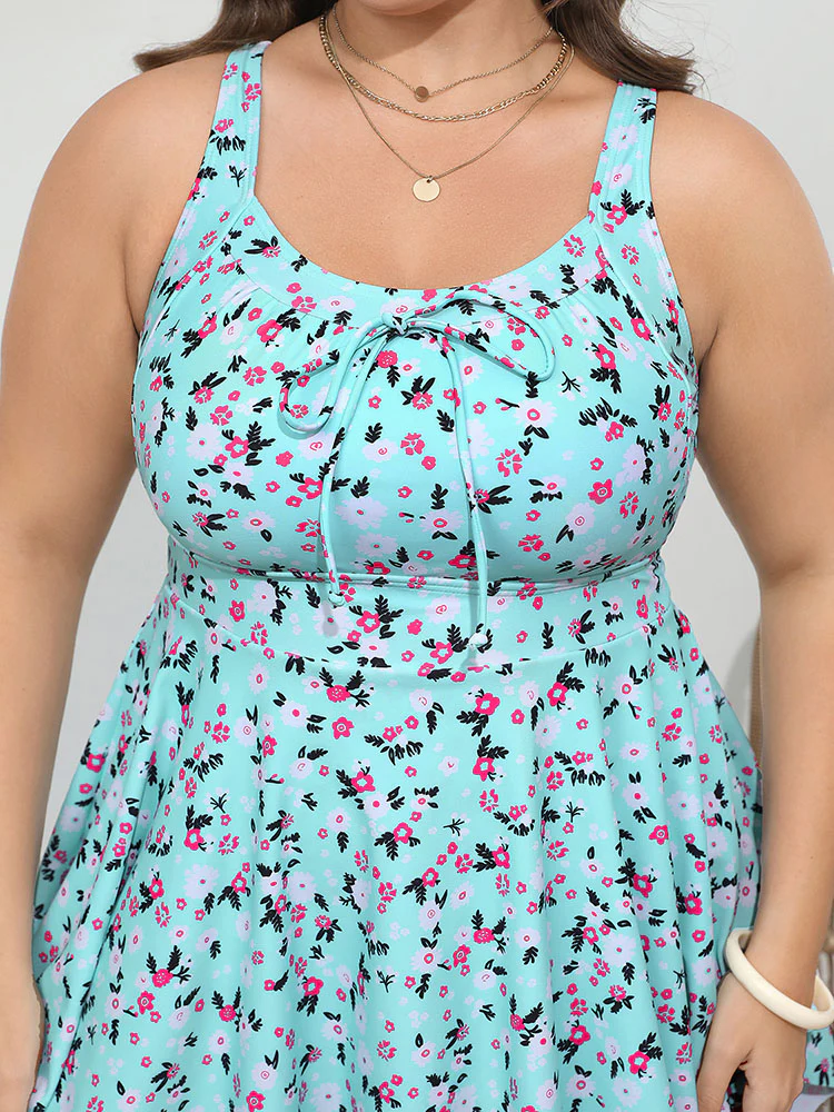 Ditsy Floral Knot Front Crossover Hanky Hem Swim Dress - Image 8