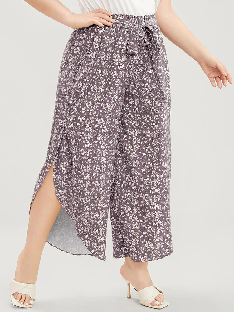Ditsy Floral Knotted Front Elastic Waist Split Pants