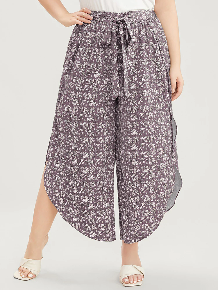 Ditsy Floral Knotted Front Elastic Waist Split Pants - Image 3