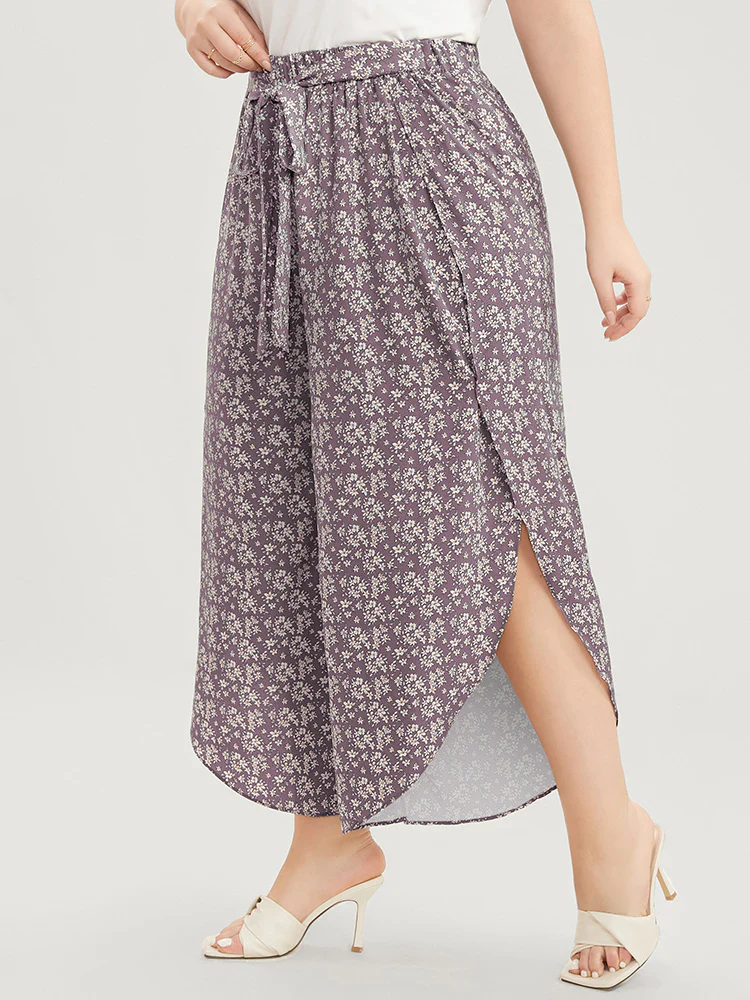 Ditsy Floral Knotted Front Elastic Waist Split Pants - Image 4