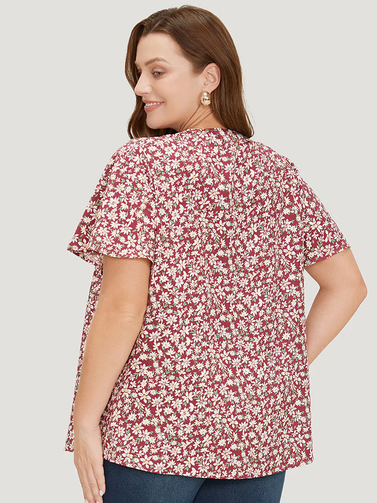 Ditsy Floral Lace Gathered Tie Neck Blouse - Image 7
