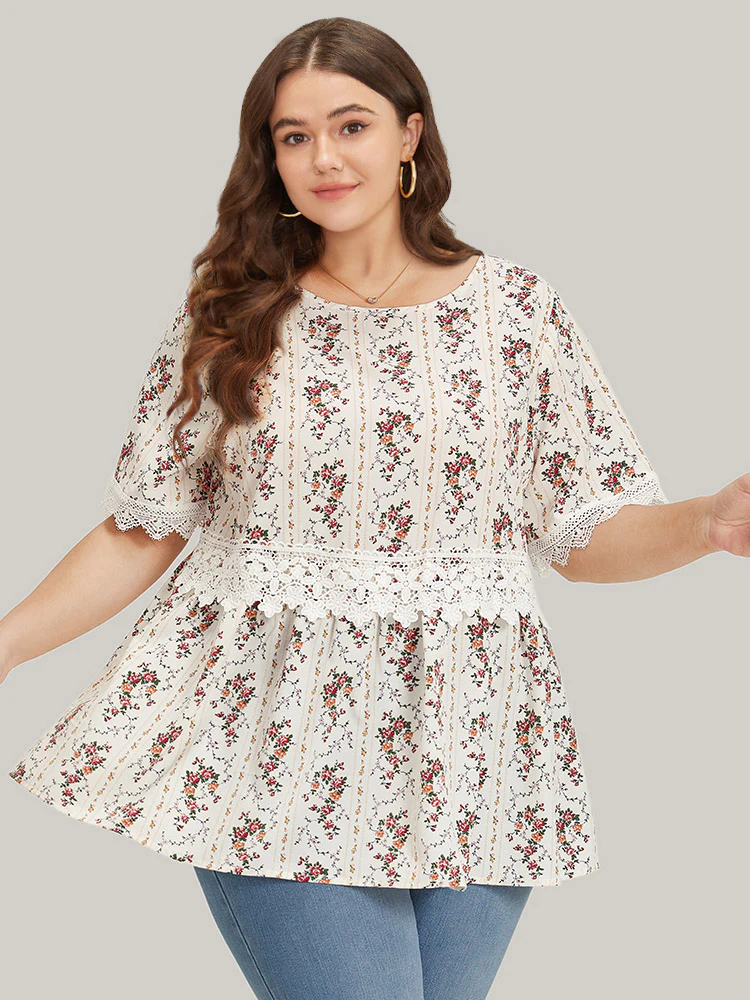 Ditsy Floral Lace Panel Elastic Waist Blouse - Image 2
