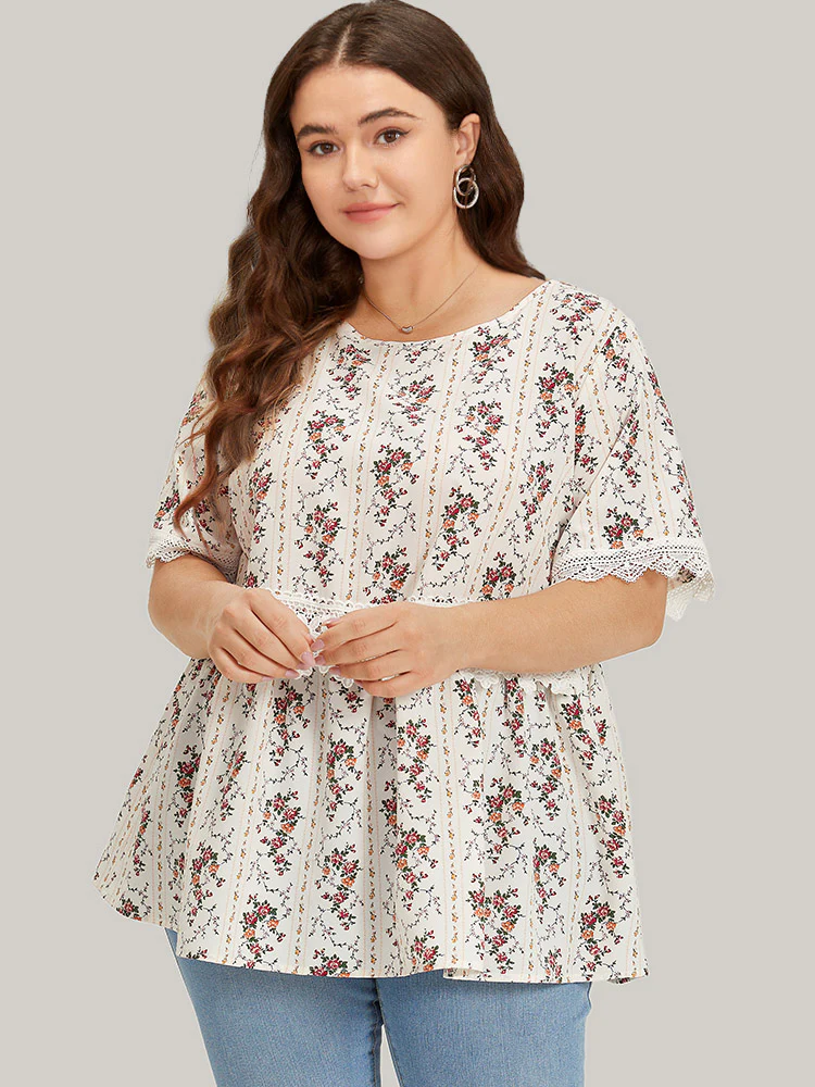 Ditsy Floral Lace Panel Elastic Waist Blouse - Image 3