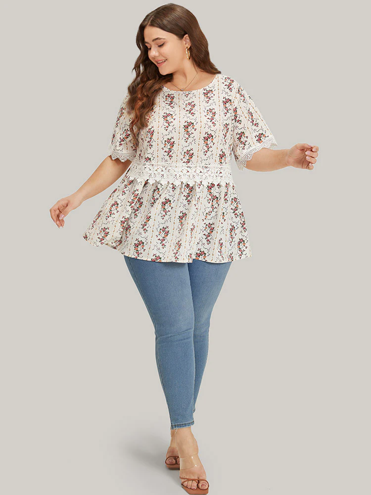 Ditsy Floral Lace Panel Elastic Waist Blouse - Image 4