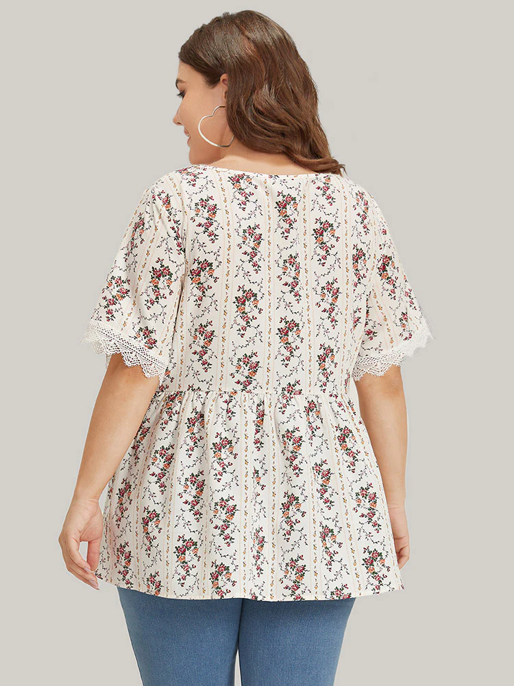 Ditsy Floral Lace Panel Elastic Waist Blouse - Image 5