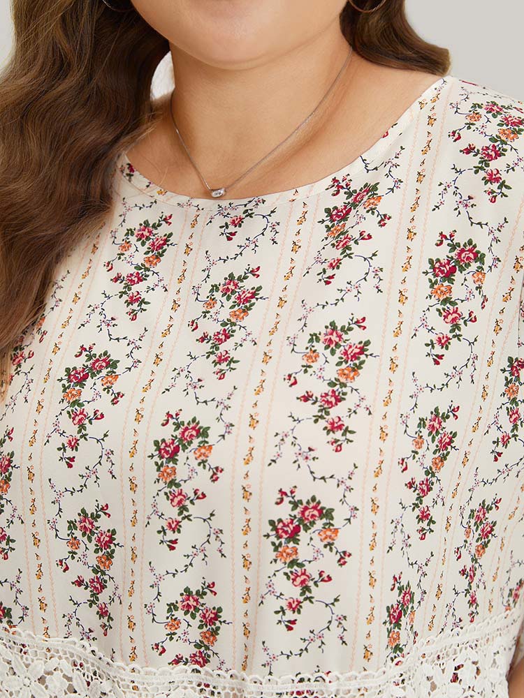 Ditsy Floral Lace Panel Elastic Waist Blouse - Image 6