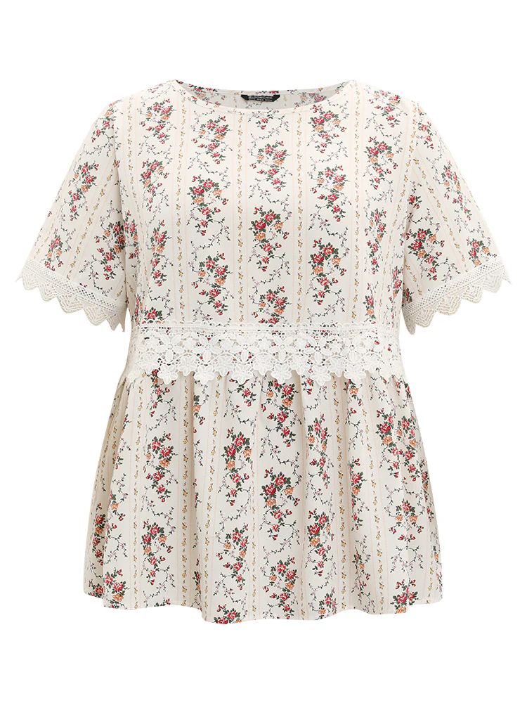 Ditsy Floral Lace Panel Elastic Waist Blouse - Image 9