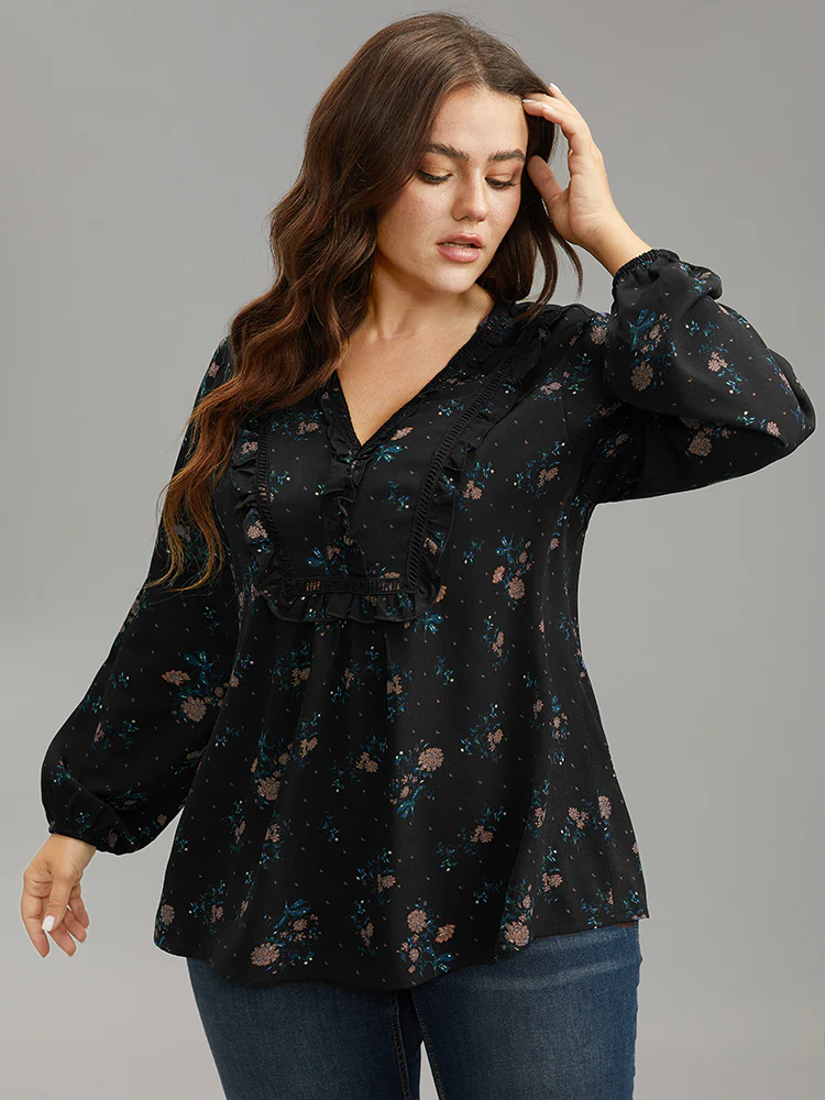 Ditsy Floral Lantern Sleeve Frill Trim Blouse - Image 2