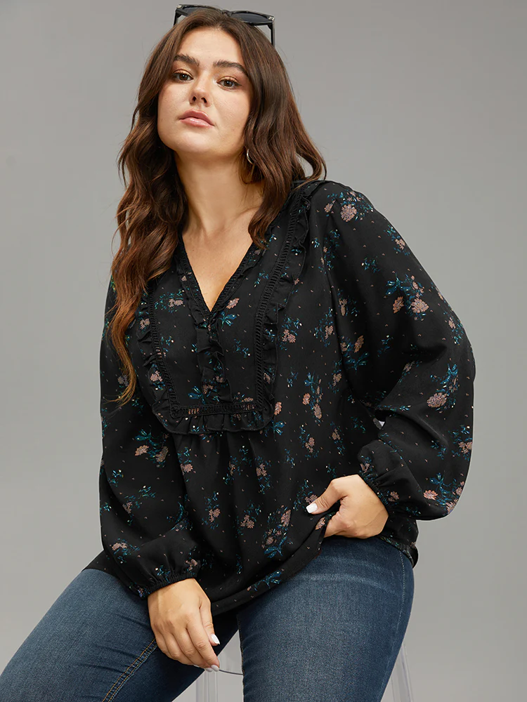 Ditsy Floral Lantern Sleeve Frill Trim Blouse - Image 3