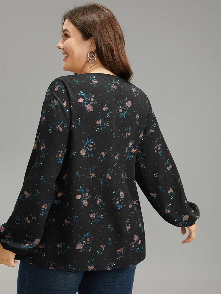Ditsy Floral Lantern Sleeve Frill Trim Blouse - Image 5
