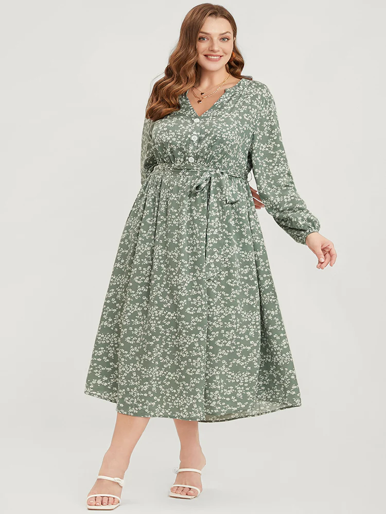 Ditsy Floral Lantern Sleeve Pocket Button Through Belted Midi Dress - Image 2
