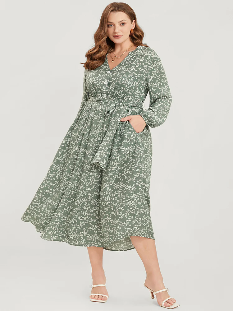 Ditsy Floral Lantern Sleeve Pocket Button Through Belted Midi Dress - Image 3