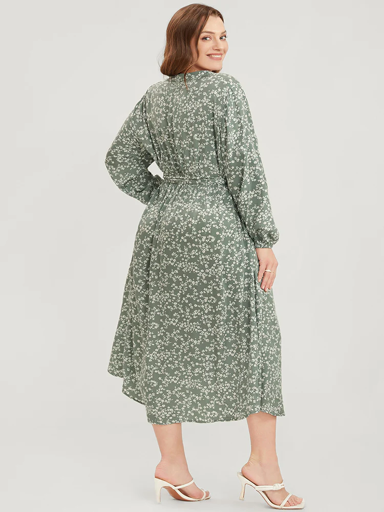 Ditsy Floral Lantern Sleeve Pocket Button Through Belted Midi Dress - Image 4