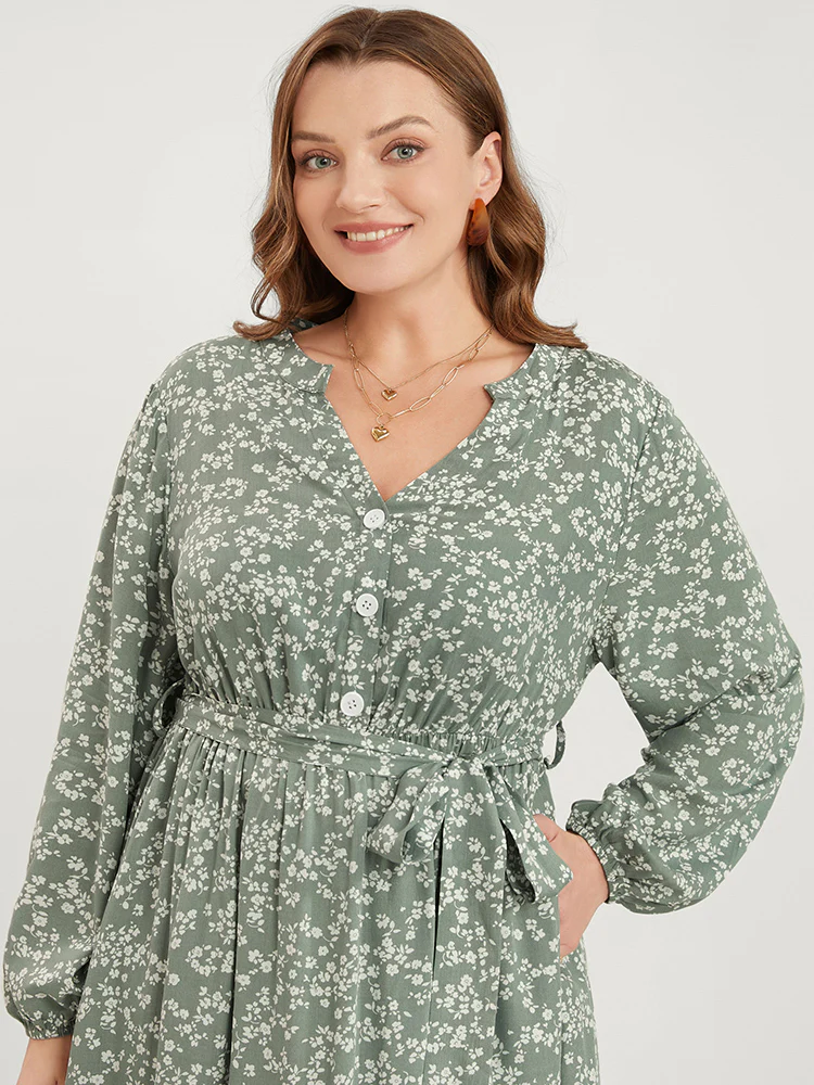 Ditsy Floral Lantern Sleeve Pocket Button Through Belted Midi Dress - Image 5