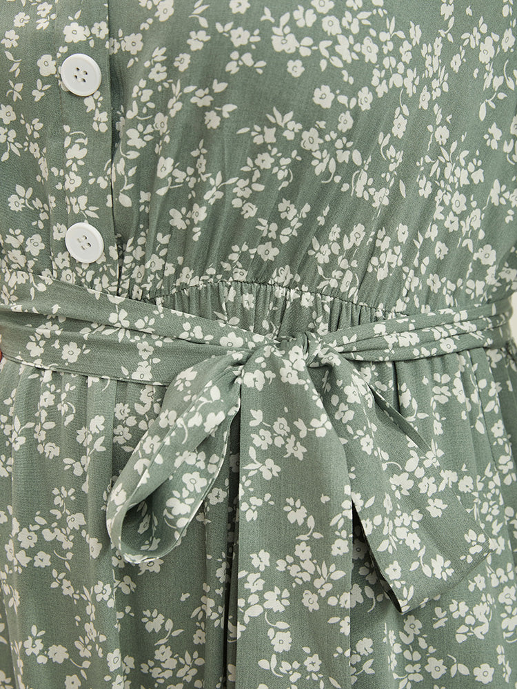 Ditsy Floral Lantern Sleeve Pocket Button Through Belted Midi Dress - Image 7