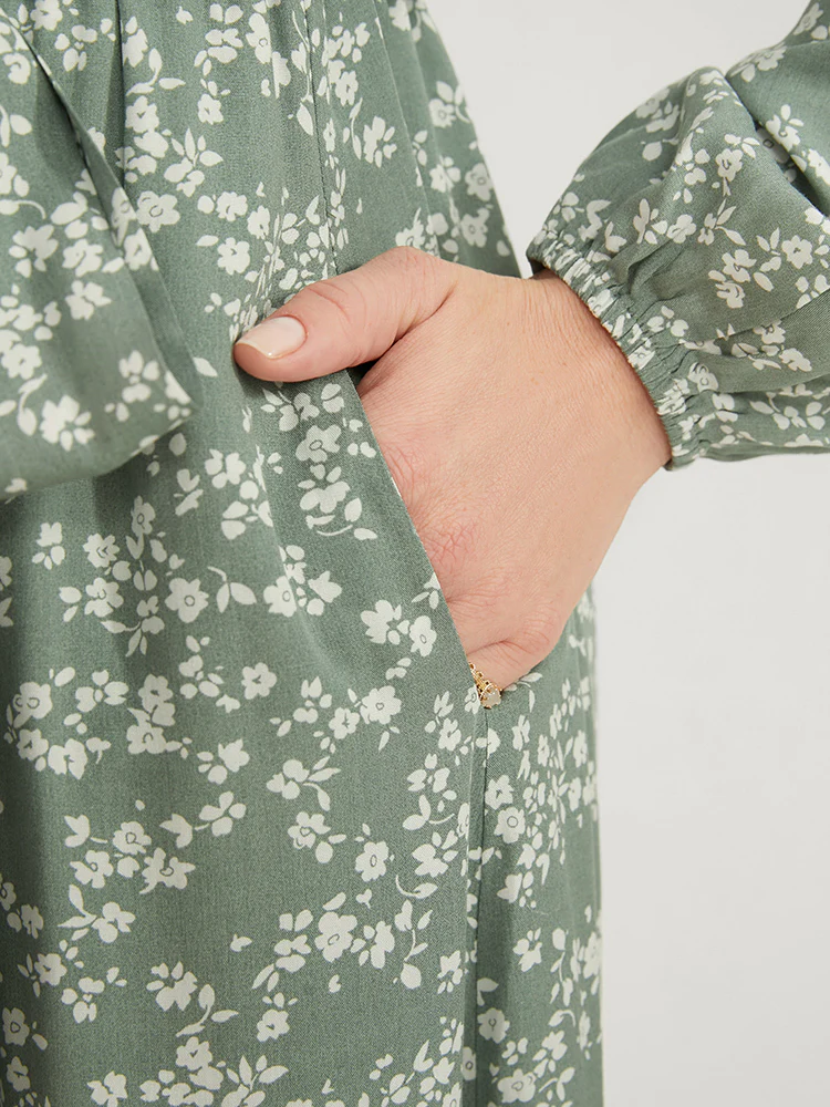 Ditsy Floral Lantern Sleeve Pocket Button Through Belted Midi Dress - Image 8