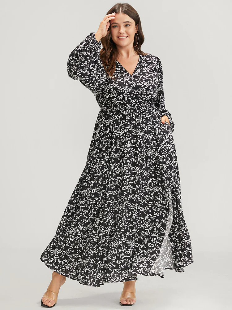 Ditsy Floral Lantern Sleeve Pocket Split Maxi Dress - Image 2