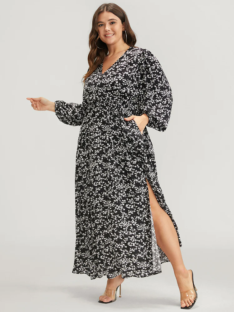 Ditsy Floral Lantern Sleeve Pocket Split Maxi Dress - Image 3