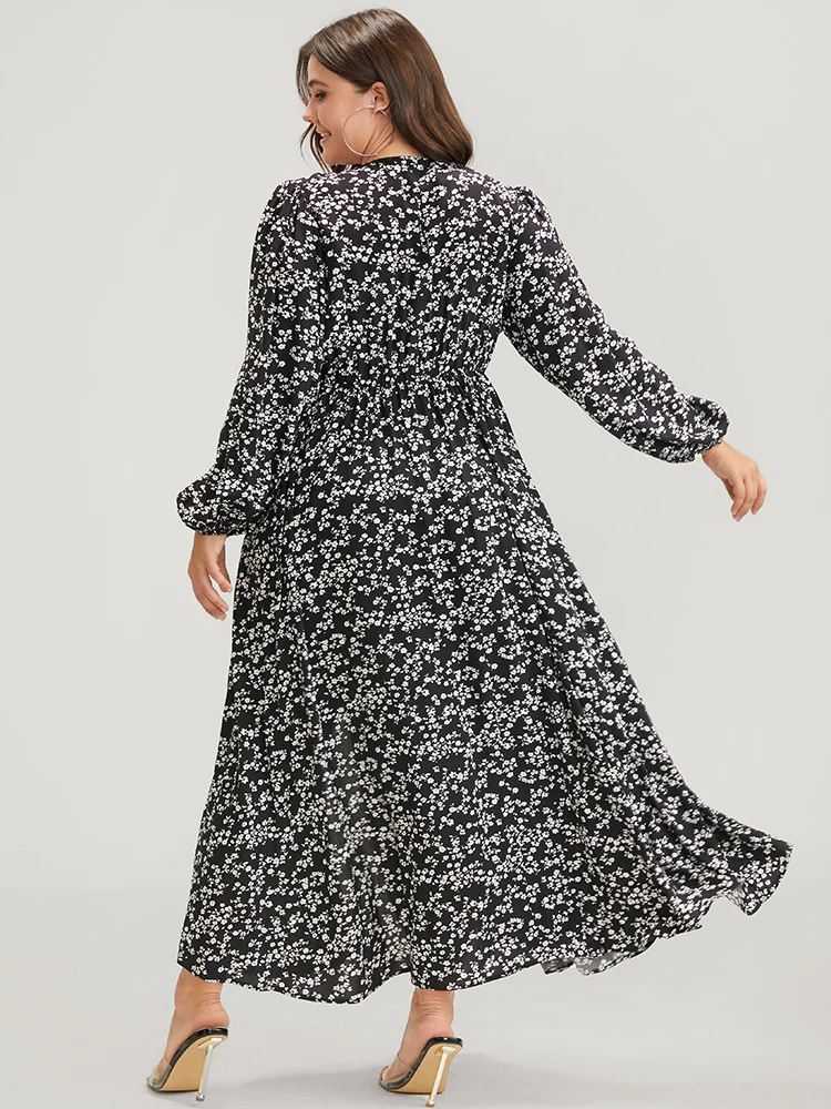 Ditsy Floral Lantern Sleeve Pocket Split Maxi Dress - Image 4