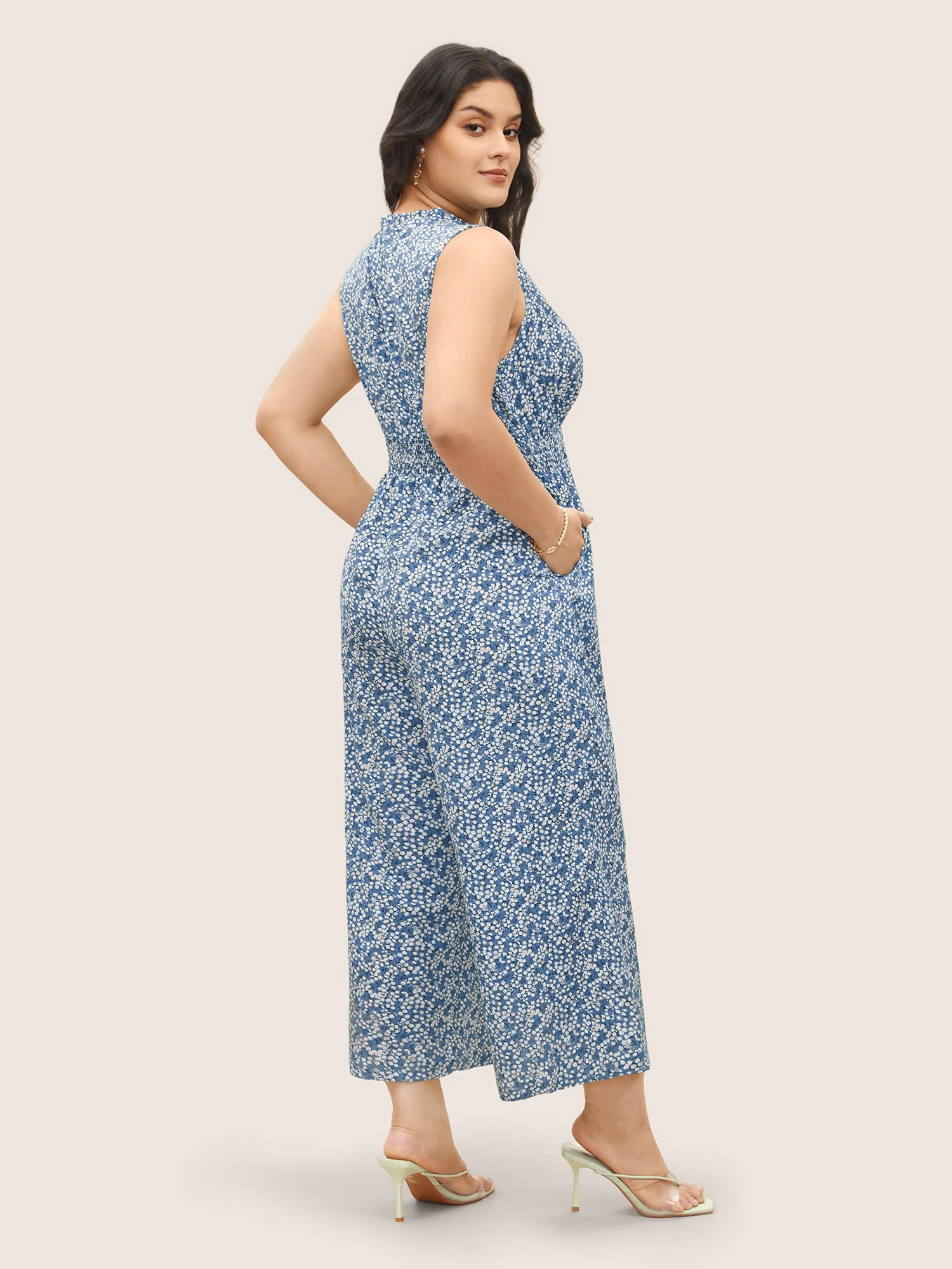 Ditsy Floral Mock Neck Shirred Jumpsuit - Image 10
