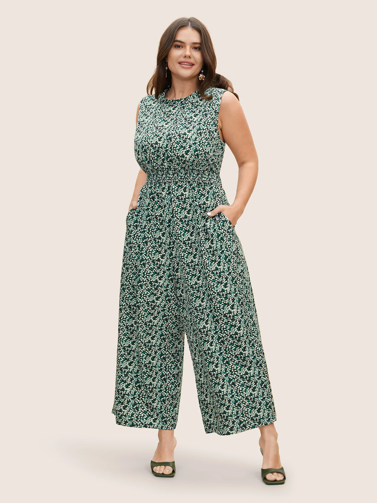 Ditsy Floral Mock Neck Shirred Jumpsuit - Image 12