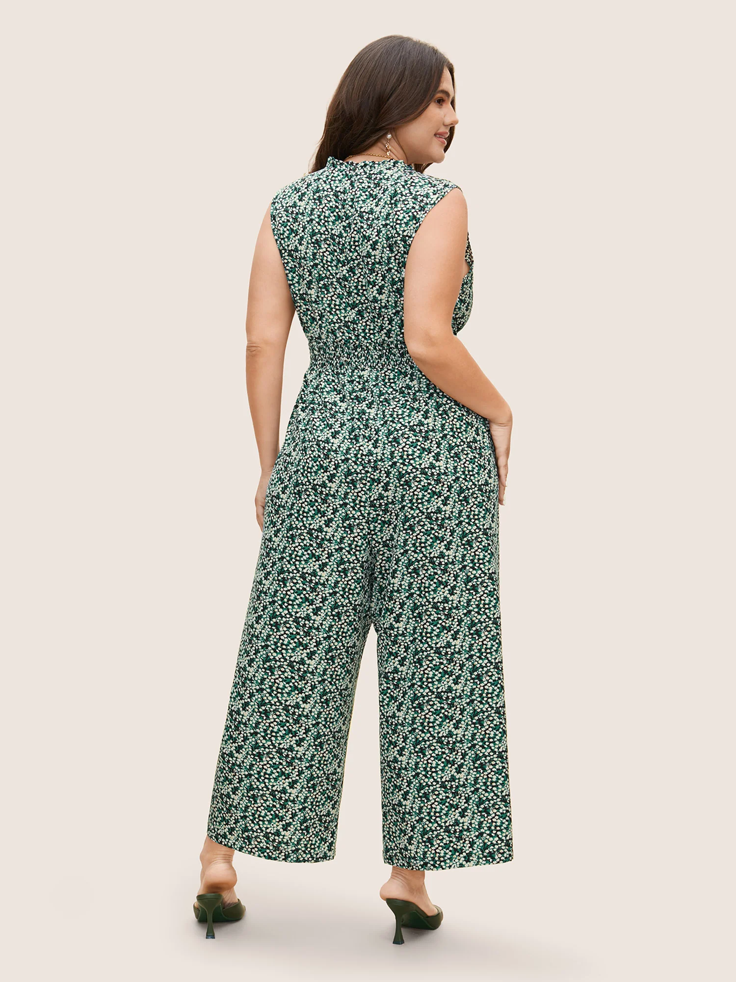 Ditsy Floral Mock Neck Shirred Jumpsuit - Image 13