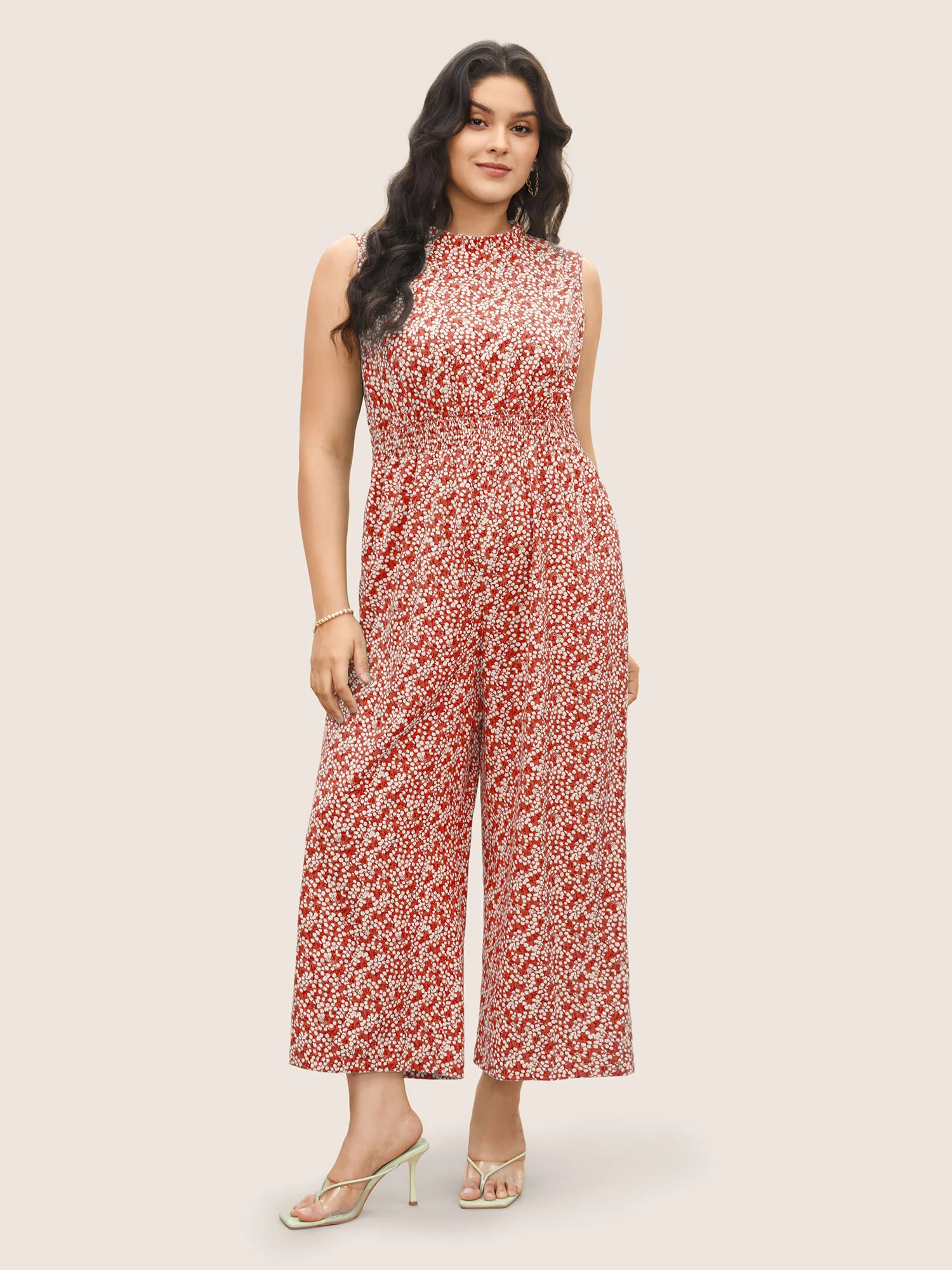 Ditsy Floral Mock Neck Shirred Jumpsuit - Image 14