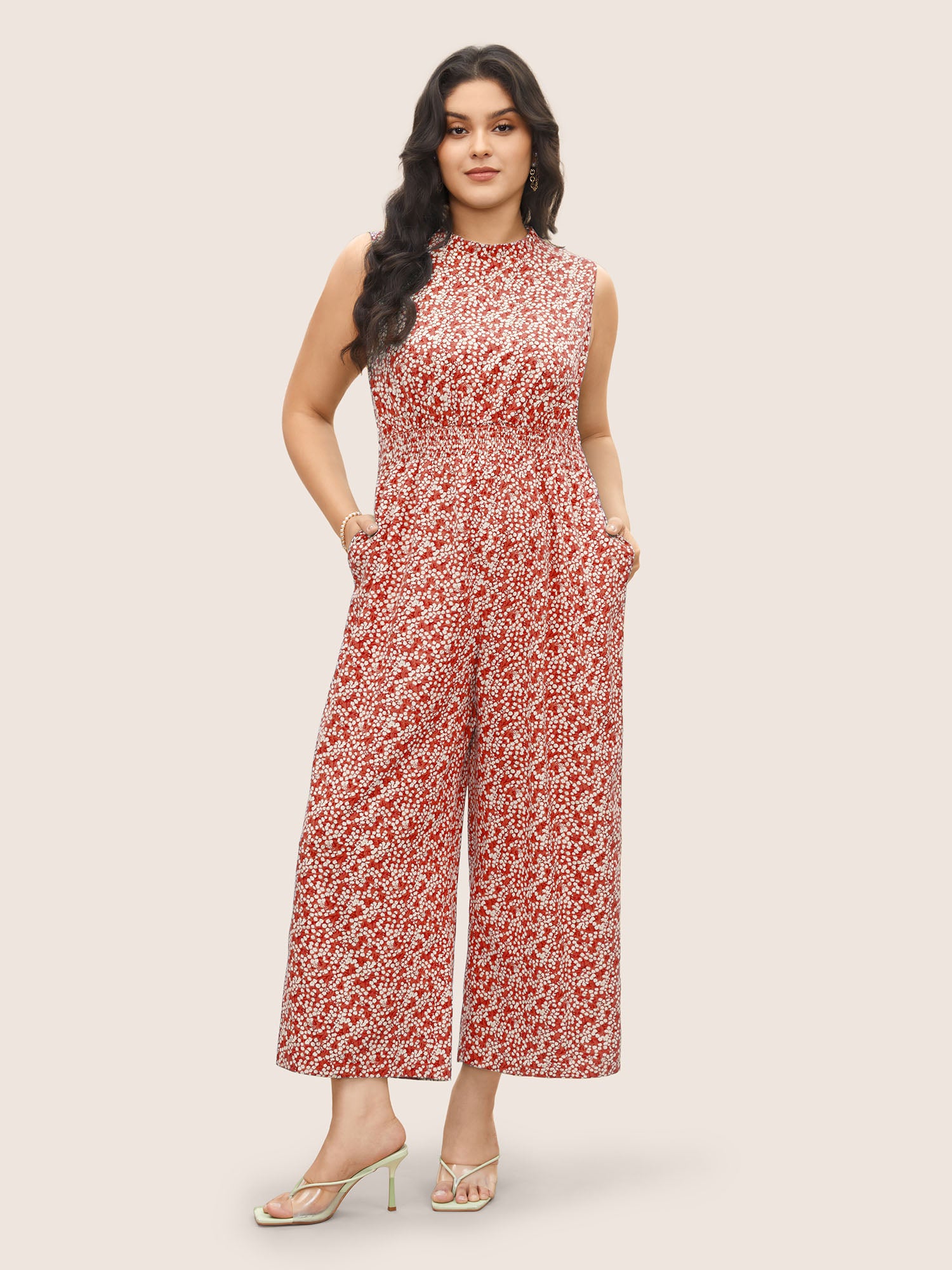 Ditsy Floral Mock Neck Shirred Jumpsuit - Image 15