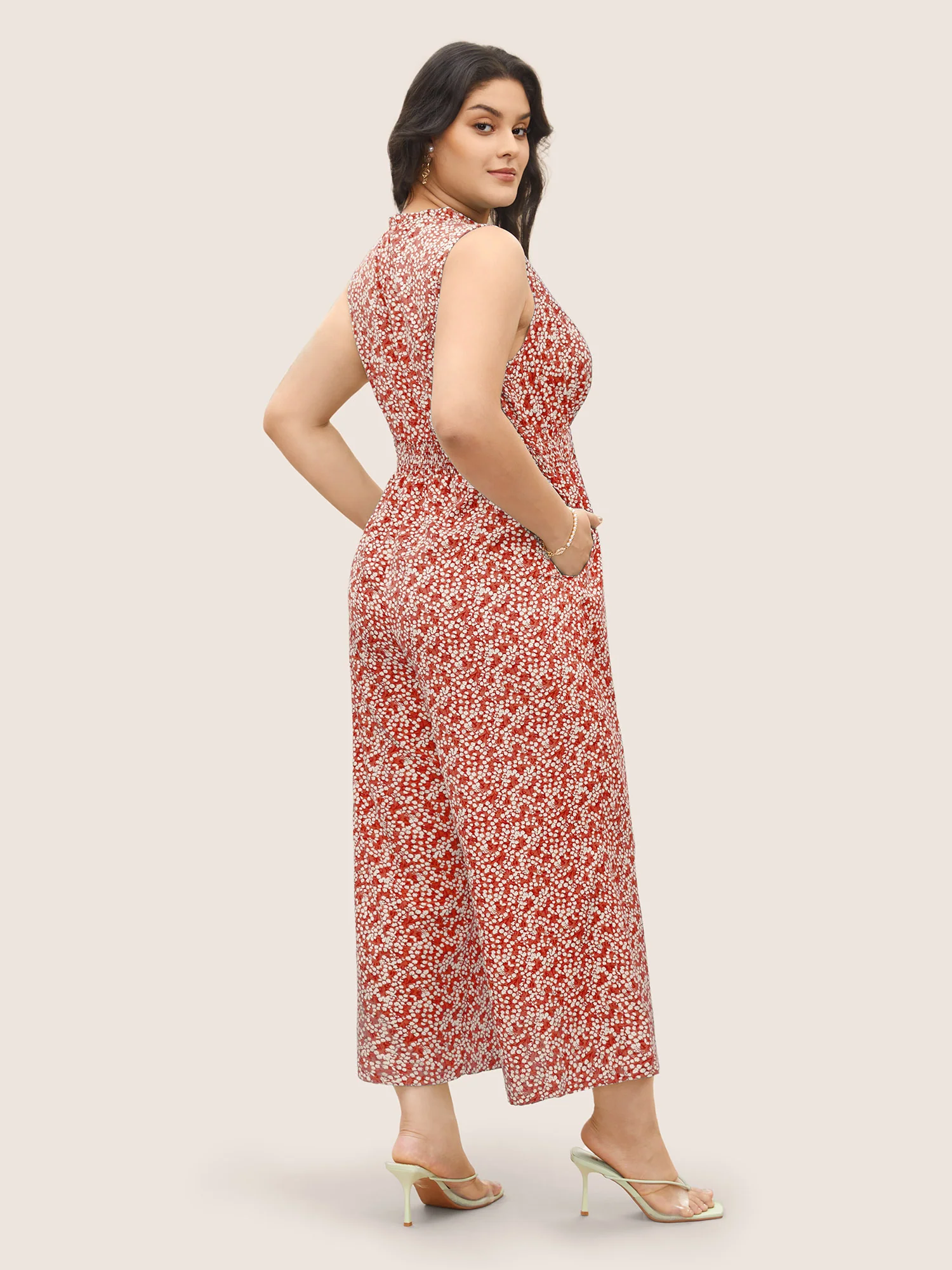 Ditsy Floral Mock Neck Shirred Jumpsuit - Image 17